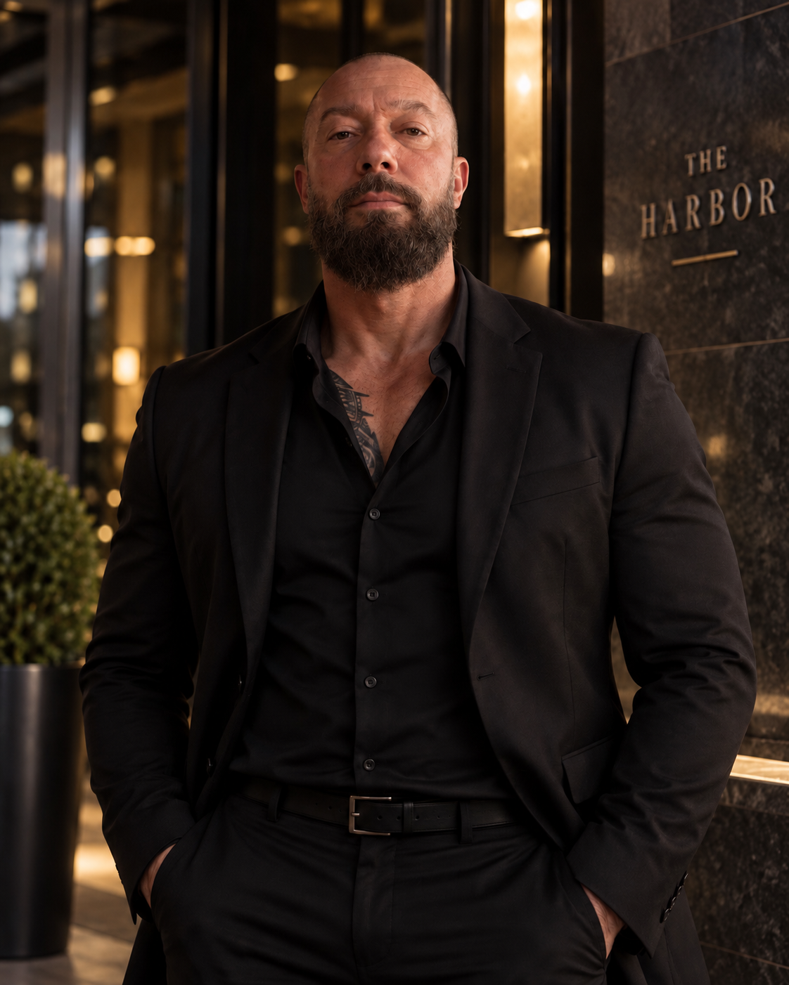 Dominic Michael in a black suit outside The Harbor