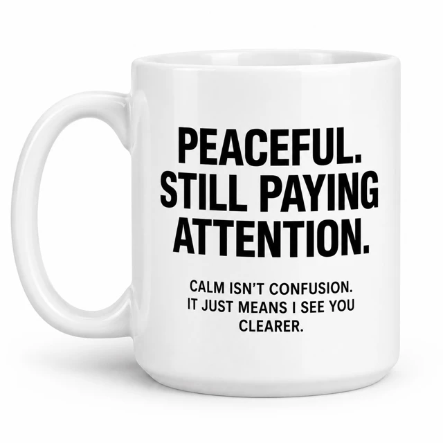 Peaceful. Still Paying Attention. — earlier mug design concept, not a product photograph
